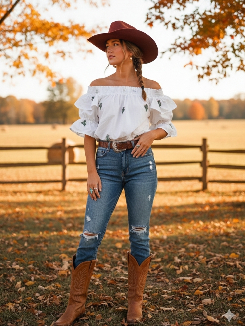 Vine & Love White Off-Shoulder Ruffle Blouse with Cactus Embroidery